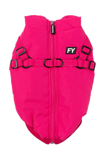 FuzzYard Flash Dog Jacket in magenta shown flat from the back, featuring the 2-in-1 built-in harness straps and full-length zipper.