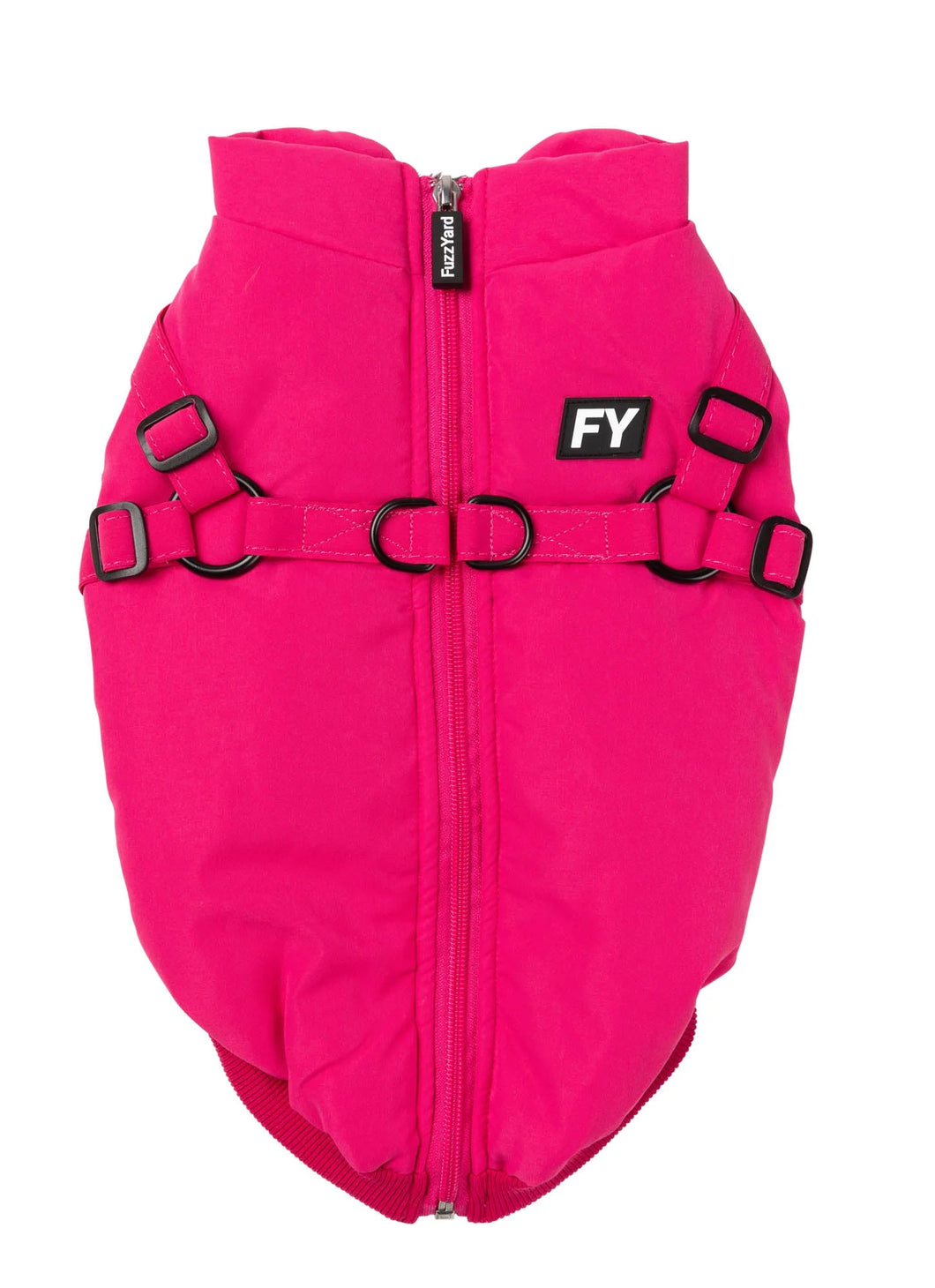 FuzzYard Flash Dog Jacket in magenta shown flat from the back, featuring the 2-in-1 built-in harness straps and full-length zipper.