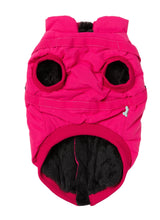 Load image into Gallery viewer, Underside view of the FuzzYard Flash Dog Jacket in magenta, showing soft black teddy fleece lining and leg openings.
