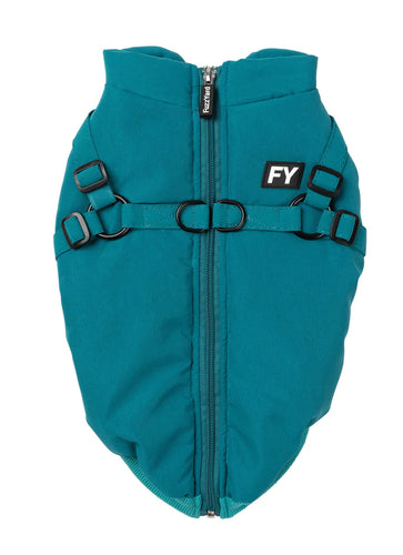 FuzzYard Flash Dog Jacket in teal shown flat from the back, featuring 2-in-1 built-in harness straps and a full-length zipper.