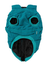 Load image into Gallery viewer, Underside view of the FuzzYard Flash Dog Jacket in teal with soft black teddy fleece lining and leg openings.
