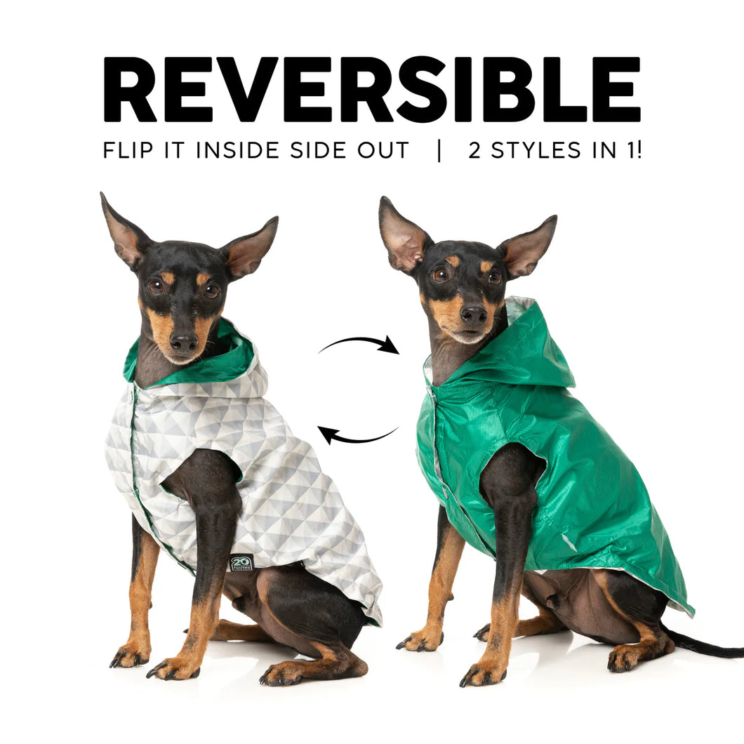 FuzzYard Flipside Reversible Dog Raincoat – ’90s Style Windbreaker (Green/Biege)