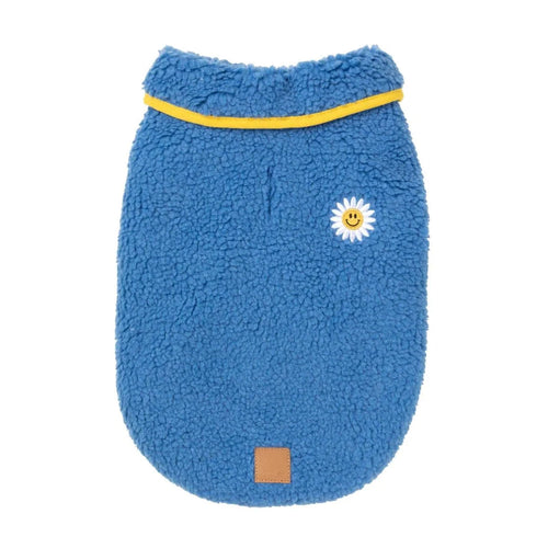 FuzzYard Hana Dog Jacket in blue shown flat from the back, featuring cosy sherpa fabric and a smiley flower patch.