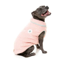 Load image into Gallery viewer, Dog sitting and wearing the FuzzYard Hana Dog Jacket in pink, showing the cosy sherpa texture and smiley flower patch.
