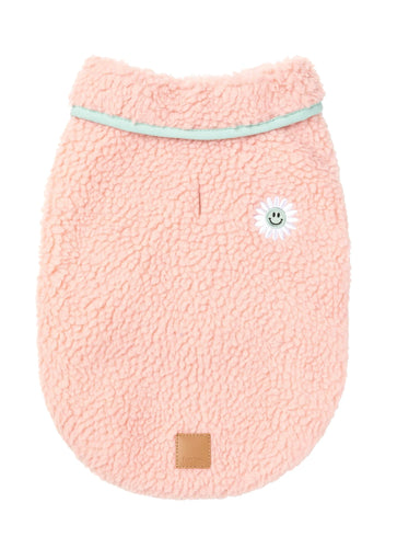 FuzzYard Hana Dog Jacket in pink shown flat from the back, featuring cosy sherpa fabric and a smiley flower patch.