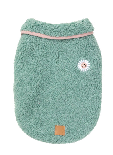 FuzzYard Hana Dog Jacket in sage shown flat from the back, featuring cosy sherpa fabric and a smiley flower patch.