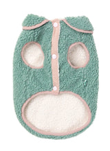 Load image into Gallery viewer, Underside view of the FuzzYard Hana Dog Jacket in sage, showing sherpa lining, snap-button closure and pink trim.
