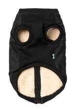 Load image into Gallery viewer, Inside view of black FuzzYard Kojima dog jacket showing soft cream fleece lining and ribbed openings.
