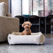 Load image into Gallery viewer, Dog resting comfortably in Sandstone FuzzYard Life corduroy dog bed
