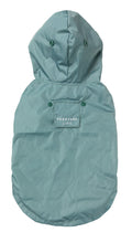 Load image into Gallery viewer, FuzzYard Life Dog Raincoat in myrtle green shown flat from the back, featuring a hood and waterproof outer layer.
