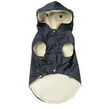 Load image into Gallery viewer, Front and inside view of the Fuzzyard Life Slate Grey dog raincoat with cream lining and snap buttons.
