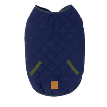 Load image into Gallery viewer, Navy blue quilted dog jacket with dark moss green trim and pocket-style details, laid flat on a white background.
