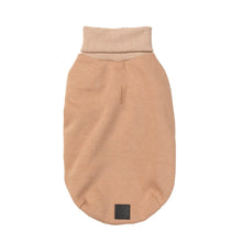 Load image into Gallery viewer, Beige FuzzYard Stevie Dog Sweater shown flat from the back, featuring a ribbed turtle neck and soft cotton fabric.
