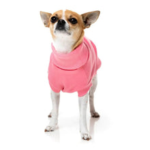 Load image into Gallery viewer, Small dog standing and wearing the pink FuzzYard Stevie Dog Sweater, highlighting the cosy cotton turtle neck design.
