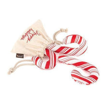 Load image into Gallery viewer, Close-up of the Christmas Candy Canes Dog Toy showing hypo-allergenic fiber fill and plush design.
