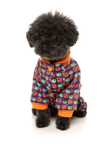 Fuzzyard Be My Ghoul Dog Pyjamas with a spooky ghost and ghoul design. Soft fleece material keeps dogs warm during cooler nights.