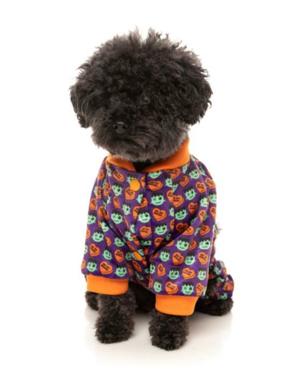 Fuzzyard Be My Ghoul Dog Pyjamas with a spooky ghost and ghoul design. Soft fleece material keeps dogs warm during cooler nights.