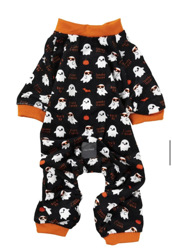 Fuzzyard Spooky Ghost Dog Pyjamas featuring a soft fleece material with cute ghost patterns. Perfect for keeping dogs cozy on cooler nights or as a Halloween outfit.