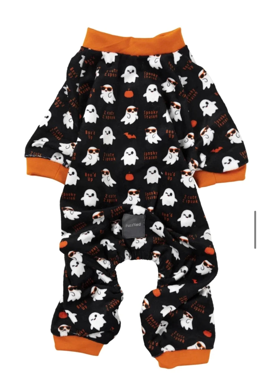 Fuzzyard Spooky Ghost Dog Pyjamas featuring a soft fleece material with cute ghost patterns. Perfect for keeping dogs cozy on cooler nights or as a Halloween outfit.