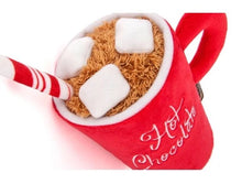 Load image into Gallery viewer, Close-up of the plush P.L.A.Y. Christmas Hot Chocolate Dog Toy with detailed holiday design.
