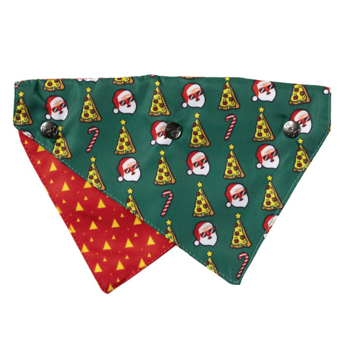 Festive ‘Merry Pizzamas’ Christmas Bandana for dogs and cats with reversible pizza-themed patterns.