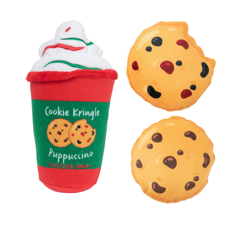 Festive FuzzYard Cookie Kringle Puppuccino & Cookies plush dog toy combo with squeaker